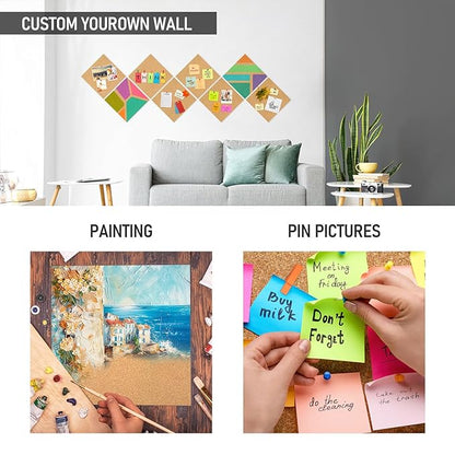 Cork Board Tiles - 4 Packs Adhesive Corkboards for Wall, Small Cork Board Squares Decorative for Office, School & Home