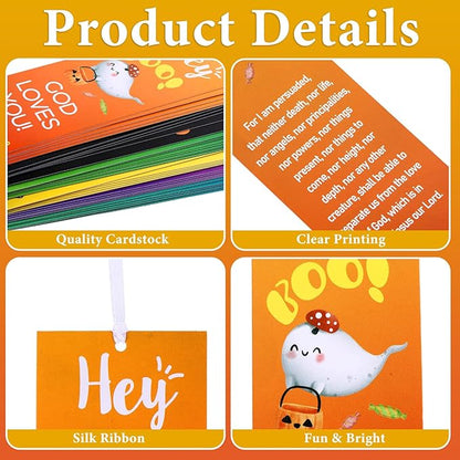 60 Pcs Halloween Bookmark Hey Boo God Loves You Bookmark Romans 8: 38-39 Ghost Christian Bookmarks VBS Exchange Gifts for Kids Adult Church School Classroom Prizes Party Favors