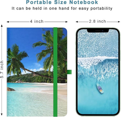 Small Notebook, Mini Pocket Journal A6 5.7" x 3.9", Leather Hardcover Journal with Pen Holder, 160 Thick Papers, Cute Lined Notebook Small Notepad for Women Writing Work Travel, Coconut Trees