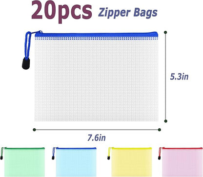 AUSTARK 20 Pcs Zipper File Bags, Plastic Mesh Pouch, Board Game Storage Bag, Waterproof Bags for Office School (B6 Size 7.6''x5.3'', Multicolored)