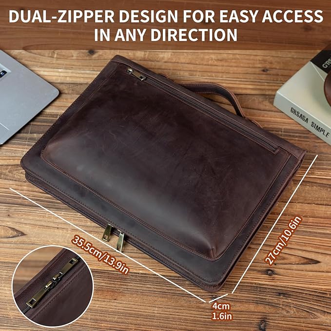 Handmade Vintage Crazy Horse Leather Portfolio Letter (A4) Size Notepad,Business Organizer Padfolio with Handle, for iPad Pro/Microsoft Surface Pro/13 inch Tablet (Non-Custom, Dark Brown)