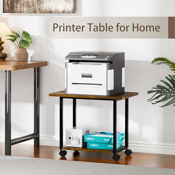 MARTY 22"x15.75" Large Under Desk Printer Stand with Storage Shelf 2-Tier Rolling Printer Cart with Wheels Printer Table for Home Office Heavy Duty Storage Rack for Scanner Fax Machine, Rustic Brown