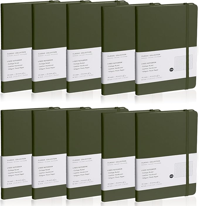 Lined Journal Notebook, 10Pack(Olive Green), 160 Pages, Medium 5.7 inches x 8 inches - 100 gsm Thick Paper, Hardcover