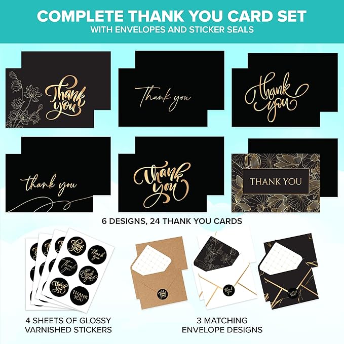 Decorably 24 Pack Gold-Foiled 6x4in Black and Gold Thank You Cards with Envelopes & Stickers, 6 Elegant Designs Black Thank You Cards, Blank Inside - Birthday, Wedding, Anniversary