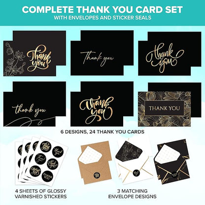 Decorably 24 Pack Gold-Foiled 6x4in Black and Gold Thank You Cards with Envelopes & Stickers, 6 Elegant Designs Black Thank You Cards, Blank Inside - Birthday, Wedding, Anniversary