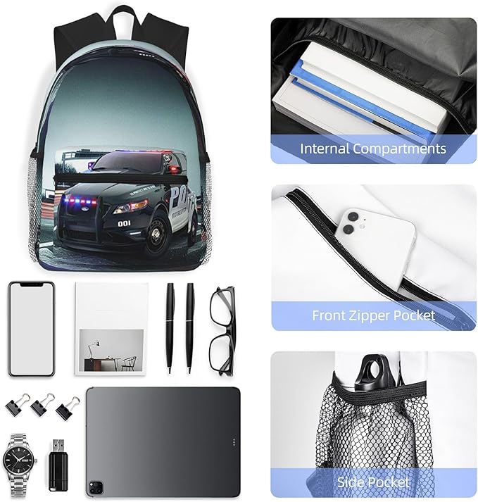 Police Car Backpack Travel Laptop Backpacks Police Ruckasck Book Bags School Bag for Boys Girls Kids Childrens Teenager Men Women