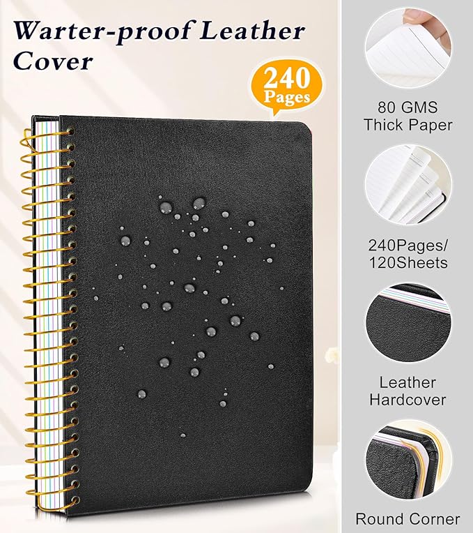 5 Subject Notebook College Ruled, Hardcover Spiral Notebook with Removable Pocket Dividers Tabs, 240 Pages Lined Spiral Journal Notebook for Women, 6x8.5 Notebooks for Work School Note taking A5 Black