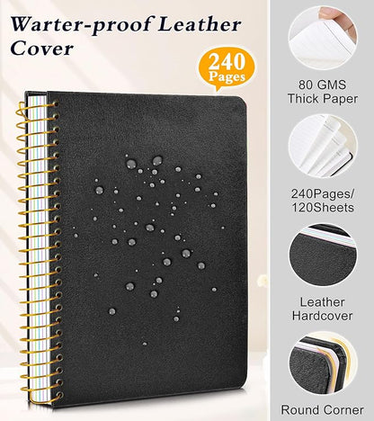 5 Subject Notebook College Ruled, Hardcover Spiral Notebook with Removable Pocket Dividers Tabs, 240 Pages Lined Spiral Journal Notebook for Women, 6x8.5 Notebooks for Work School Note taking A5 Black