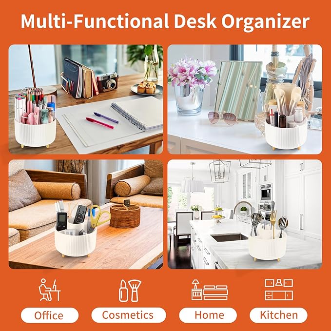 Desk Pencil Pen Holder, 5 Slots 360°Degree Rotating Pencil Pen Organizers for Desk, Desktop Storage Stationery Supplies Organizer, Cute Pencil Cup Pot for Office, School, Home, Art Supply, Beige