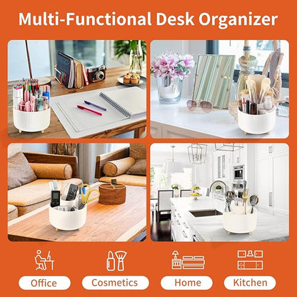 Desk Pencil Pen Holder, 5 Slots 360°Degree Rotating Pencil Pen Organizers for Desk, Desktop Storage Stationery Supplies Organizer, Cute Pencil Cup Pot for Office, School, Home, Art Supply, Beige