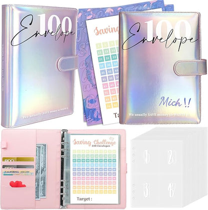 Axolotl 100 Envelopes Money Saving Challenge Binder, A5 Savings Budget Challenges Binders with Cash Envelopes, 100 Days Envelope Saving Binder Book, Budget Planner (Laser Silver)
