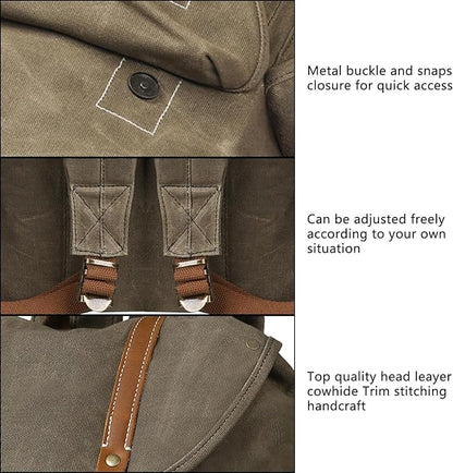 Backpack for Men Heavy Duty Waxed Canvas Vintage Women Trim Casual 15.6" laptop Travel Backpack-Olive green