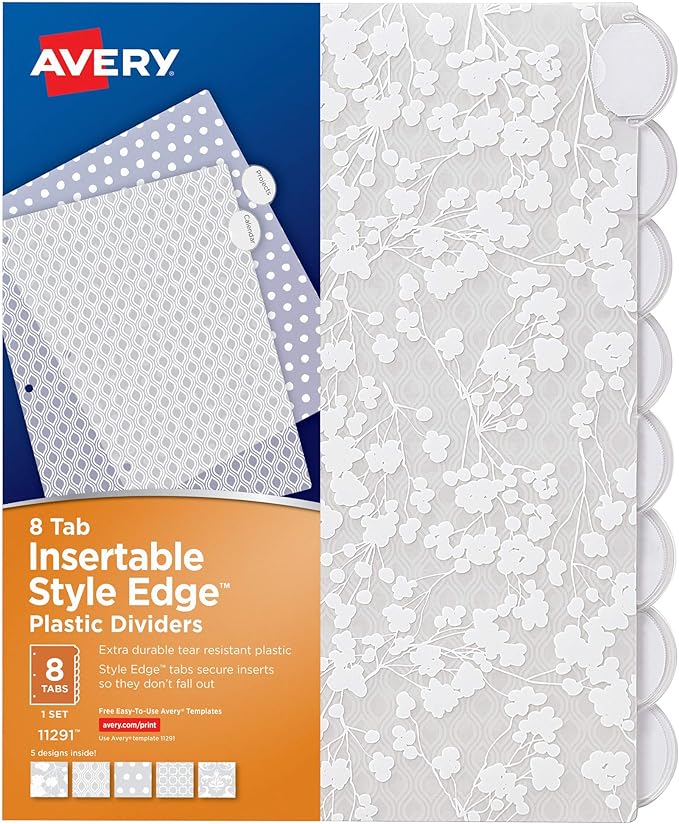 Avery Insertable Style Edge Plastic Dividers for 3 Ring Binders, 8-Tab Set, Assorted White Frosted Designs, 1 Set (11291)