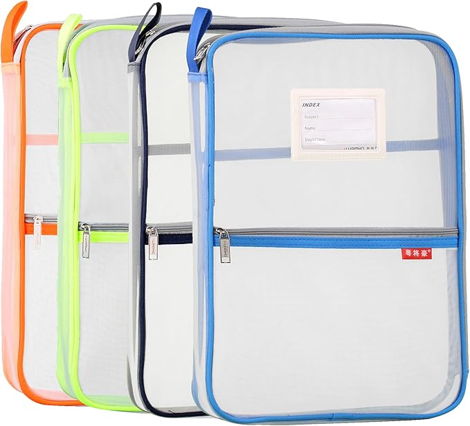 Pendancy Mesh Zipper Pouch 14.8x10.8 in Transparent Lightweight Nylon File Folders, A4 Size Multi-Layer Subject Document Organizer Accessories Storage Bag for Office and School Supplies(4 PCS)