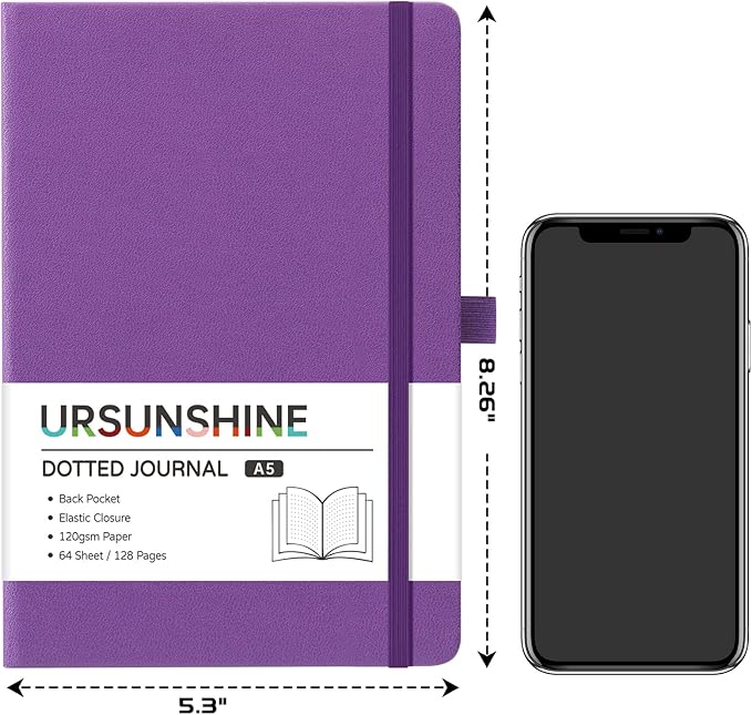 Dotted Journal/Notebook - Dot Grid Hard Cover Notebook, Premium Thick Paper with Fine Inner Pocket, Black Smooth Faux Leather, Pen Loop, 5.3'' x 8.26'' - Purple