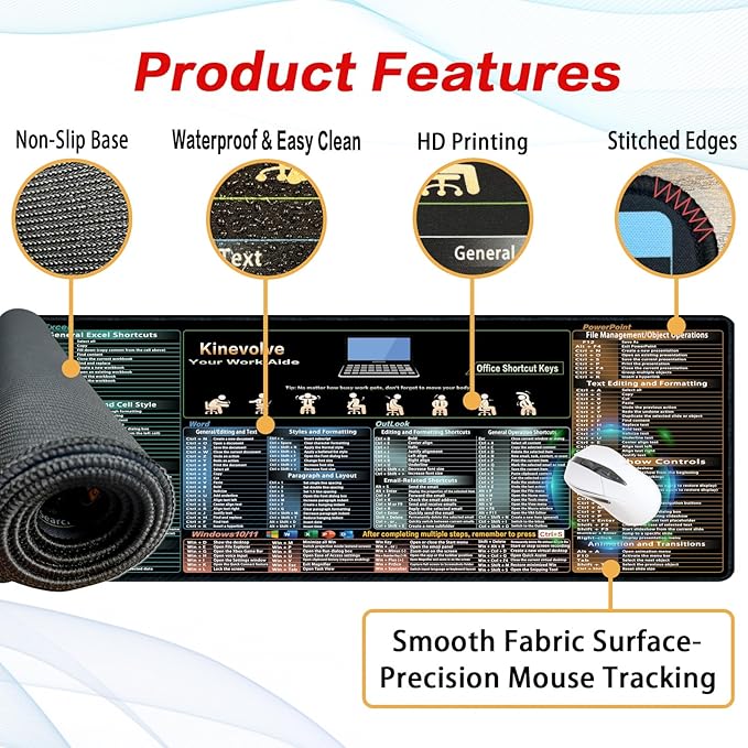 Excel,Word,Outlook,Windows,PowerPoint Cheat Sheet Mouse Pad,Extended Large XL Office Shortcut Keyboard Desk Pad,Non-Slip Accessories Desk Mat 31.5" x 11.8"