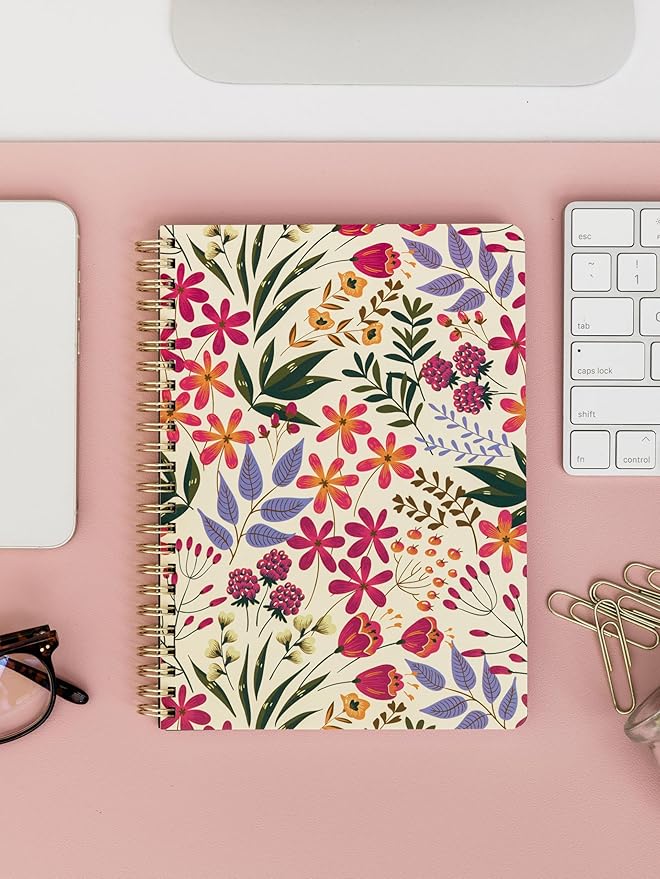 Steel Mill & Co Cute Pink/Purple Floral Mini Spiral Notebook, 8.25" x 6.25" Journal with Durable Hardcover and 160 Lined Pages, Wildflowers