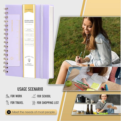 Yoment Graph Paper Spiral Notebook A5 Graphing Notebook 160 Pages Graph Paper Notebook Spiral Bound Waterproof Plastic Hardcover Spiral Journal 5x7 Grid Notebooks for Note Taking,Purple