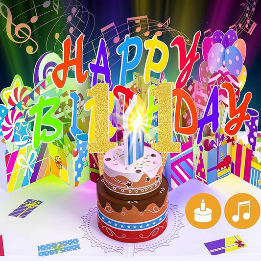 Gumry 11TH Musical Birthday PopUp Card, Blowable Colorful Light Candle 3D Cards with Song, Applause Cheers Sound, Greeting Cards Birthday Gifts Decorations for Girls Boys Turning 11 Years Old