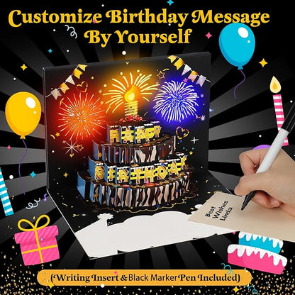 3D Pop-Up Birthday Card with LED Lights & Blowable Candle – Interactive Music Greeting Card for Women, Men, Kids Black