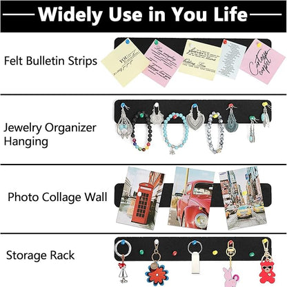 5 Pack Felt Pin Board Bar Strips Bulletin Board for Bedrooms Offices Home Wall Decoration, Notice Board Self Adhesive Cork Board with 35 Push Pins for Paste Notes, Photos, Schedules (Black)