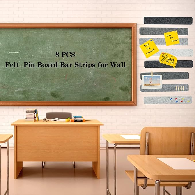 Gray Bulletin Board Strips, 8Pcs Felt Pin Board Bar Strips with 50 Pushpins, Self-Adhesive Felt Cork Board Strips for Wall to Display Your Notes, Photos, Schedules, Announcements