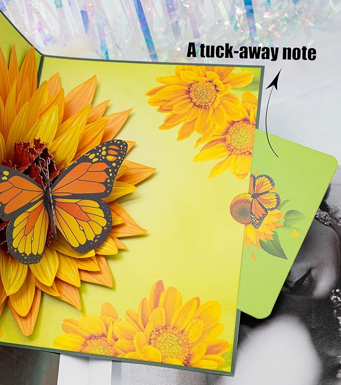 Flying Butterfly Pop Up Card, 3D Sunflower and Butterfly Birthday Popup Card for Valentines Day, Graduation, Anniversary, Thinking of You, Thank You, All Occasions
