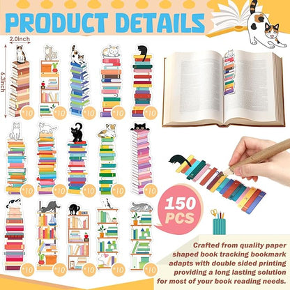 150 Pcs Book Tracker Bookmarks Bulk 6.3 x 1.97 Inch Bookshelf Design Bookmarks Paper Book Tracking Bookmark Double Sided Reading Page Markers for Book Lovers Students School (Cat)