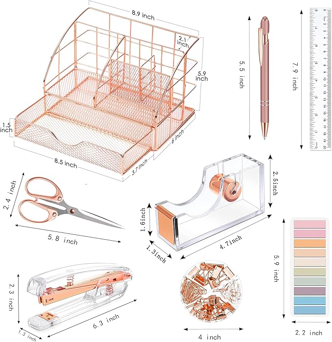 Rose Gold Desk Organizers and Accessories, Office Supplies with Mesh Desk Organizer, Acrylic Tape Dispenser and Stapler, Staples, Ballpoint Pen, Clips Set, Ruler, Scissor, Sticky Labels