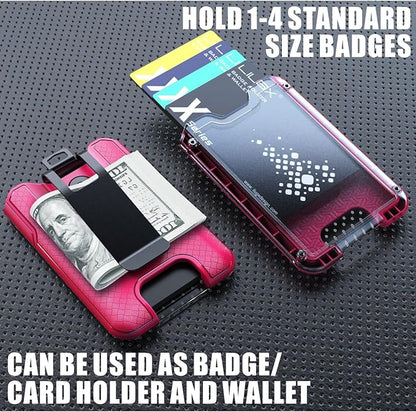 LIUGX Badge Holder, ID Card Holder with Metal Clip - Durable Polycarbonate (Holds 1 to 4 Cards), Portable Wallet for Office, Laborer, Police, Work, Hot Pink
