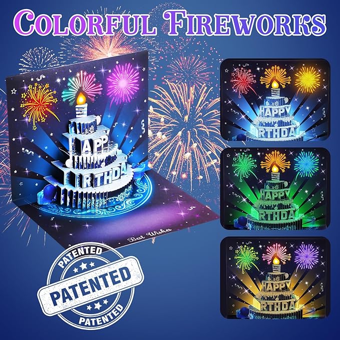 Musical Birthday Cards, 3D Pop Up Card with Music and Light, Firework Greeting Card with Interactive Blowable Candle, Birthday Gift for Her Him Mom Grandma Wife Husband (Blue and Silver)