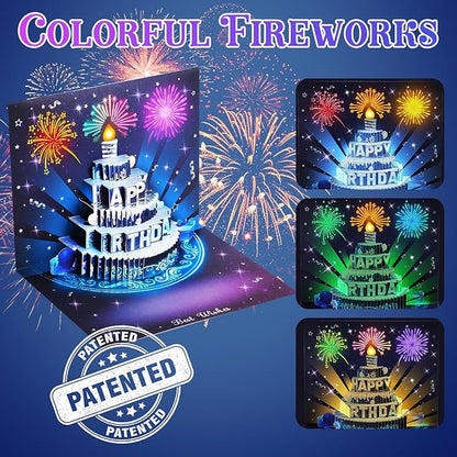 Musical Birthday Cards, 3D Pop Up Card with Music and Light, Firework Greeting Card with Interactive Blowable Candle, Birthday Gift for Her Him Mom Grandma Wife Husband (Blue and Silver)