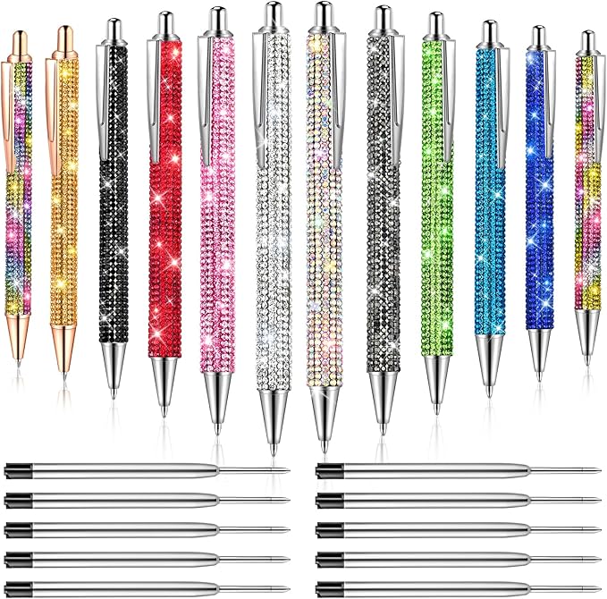 12Pcs Rhinestone Pens Bling Metal Ballpoint Diamond Pens Bulk Fancy Sparkly Crystal Press Retractable Black Ink 0.7mm For Women Office Meeting Birthday Supplies Wedding Gifts(TWELVE COLOR