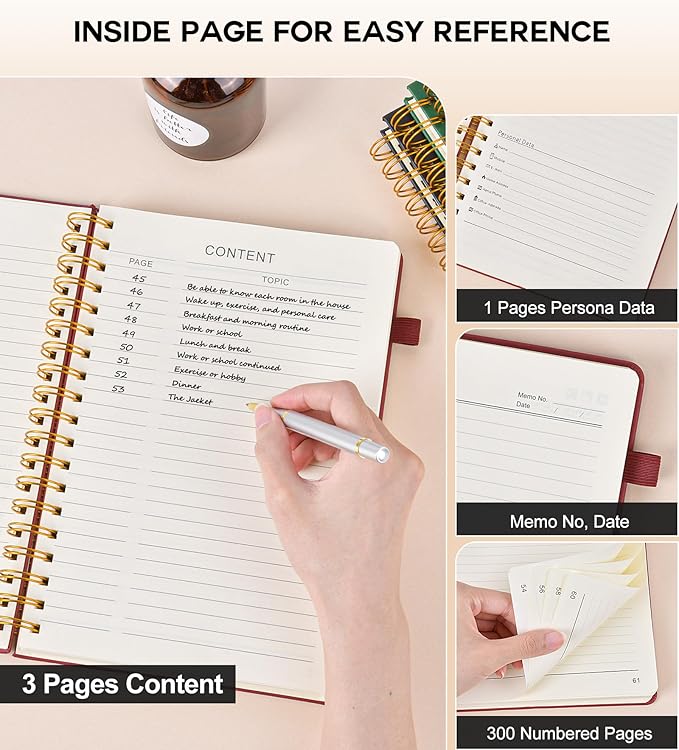 Spiral Notebook Journal for Women Men, 300 Numbered Lined Pages, College Ruled, A5 Hardcover Spiral Bound Notebook for School, Work, Note Taking Writing, Leather Spiral Journal Medium 5.9"x8.5"