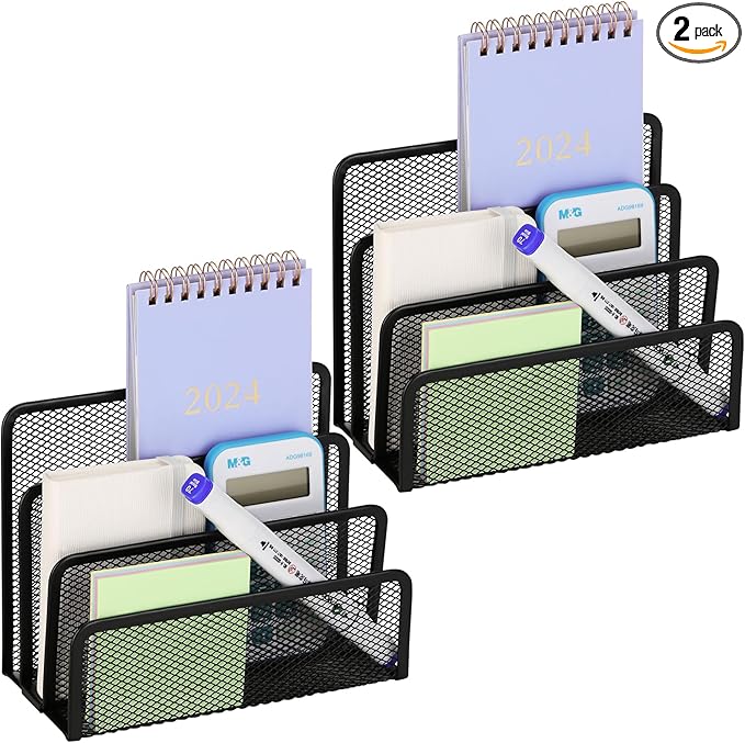 2 Pieces Desk Mail Organizer, Metal Mesh Small File Holders Letter Organizer, Bill/Document/Filing/Folders/Paper Organizer for Desktop (BLACK-2PCS)