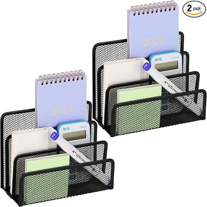 2 Pieces Desk Mail Organizer, Metal Mesh Small File Holders Letter Organizer, Bill/Document/Filing/Folders/Paper Organizer for Desktop (BLACK-2PCS)