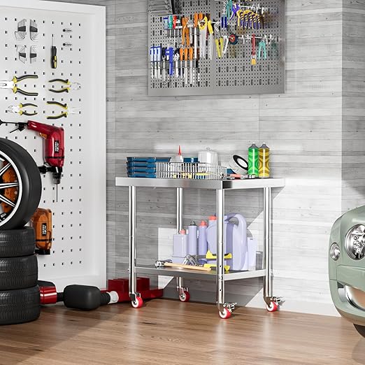 Stainless Steel Table for Prep & Work with 4 Caster Wheels with Undershelf 24 x 36 NSF Metal Commercial Kitchen Adjustable Undershelf Worktable for Restaurant Home Outdoor