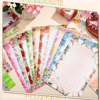 TaoBary 160 Packs Stationery Paper Set (50 Double Sided Stationery Writing Papers 50 Matching Envelopes) 60 Round Dot Sticker, 10 Design(Flower,5.5 x 8.25 Inch)