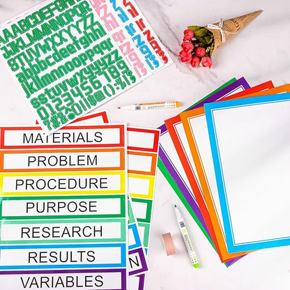39 Sheets Science Fair Board Supplies - 24 Self Adhesive Presentation Subtitles, 6 Science Fair Project Titles, 2 Blank Titles, 7 Personalized Letter Stickers for Classroom Office, Colorful