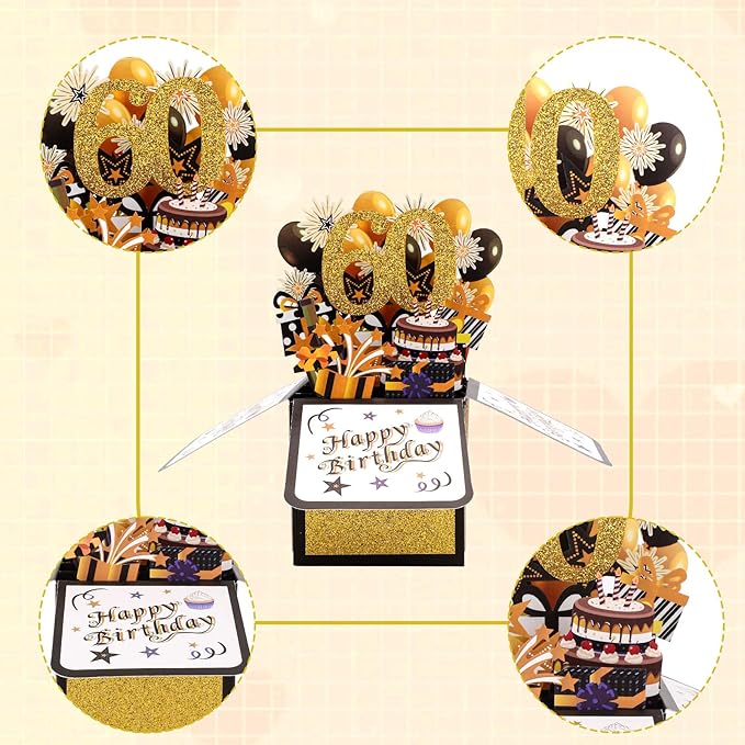 Happy 60th Birthday Pop-Up Card, Multicolored 60 Year Old Birthday 3D Cards with Envelopes Cool Sixty Birthday Popup Box Best 60th Birthday Gift Ideas for Men Women