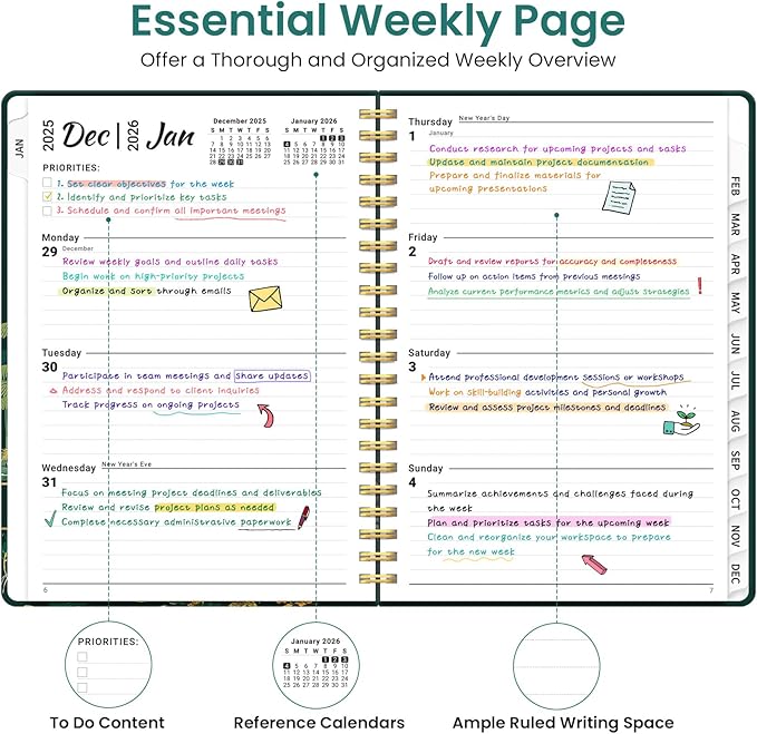 2026 Planner, Weekly and Monthly Planner for Women, January 2026 to December 2026, Pretty Hardcover 2026 Calendar Planner Book with Tabs, Inner Pocket, Spiral Bound, Perfect Office Home School Supplies - 6.3" x 8.5", Enchanted Forest