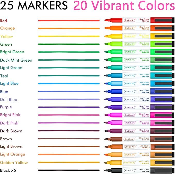 Shuttle Art Dry Erase Markers, 25 Pack 20 Colors Whiteboard Markers,Bundled with 5 Extra Black, Fine Tip Markers for Kids,Perfect for Writing on Dry-Erase Surfaces,School Office Supplies