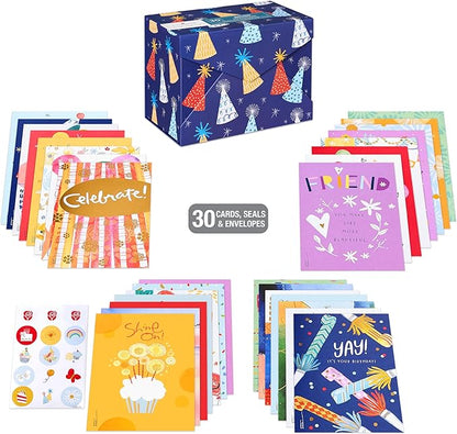 American Greetings 30-Count Birthday Card Assortment Box with Envelopes, Seals, and Storage Box (Kathy Davis Designs, Party Hats)