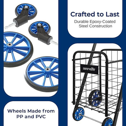 SereneLife Kids Utility/Shopping Cart with Rolling Swivel Front Wheels,66 lbs Capacity,Portable,Lightweight,Collapsible Compact Easy Folding Saves Space, Grocery,Laundry,Luggage with Your Child Blue