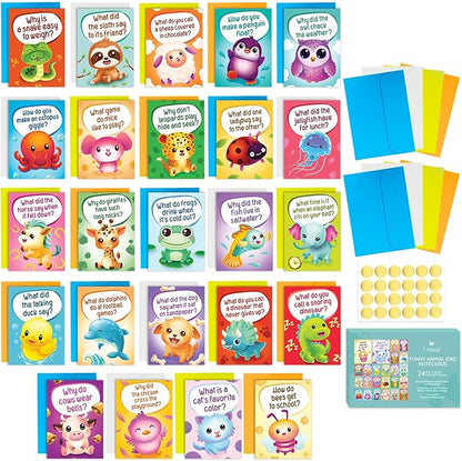 24 Funny Animal Joke Notecards with No Repeats - 4.5” x 6.25” Humorous Bulk Thinking of You Cards for Kids, Grandkids, Students, and Teachers, Summer Camp and More