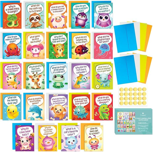 24 Funny Animal Joke Notecards with No Repeats - 4.5” x 6.25” Humorous Bulk Thinking of You Cards for Kids, Grandkids, Students, and Teachers, Summer Camp and More