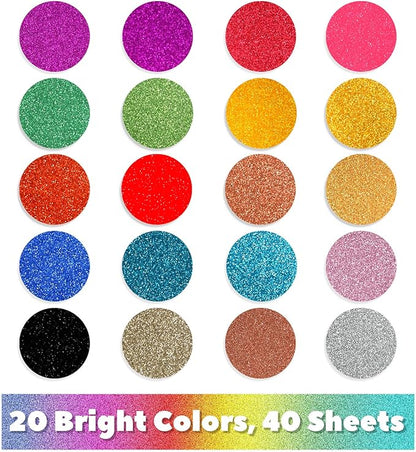 40 Sheets Glitter Cardstock, 20 Colors Premium Cardstock for Cricut, Crafts and DIY Projects, 8.5x11in Glitter Paper for Card Making (250 GSM)