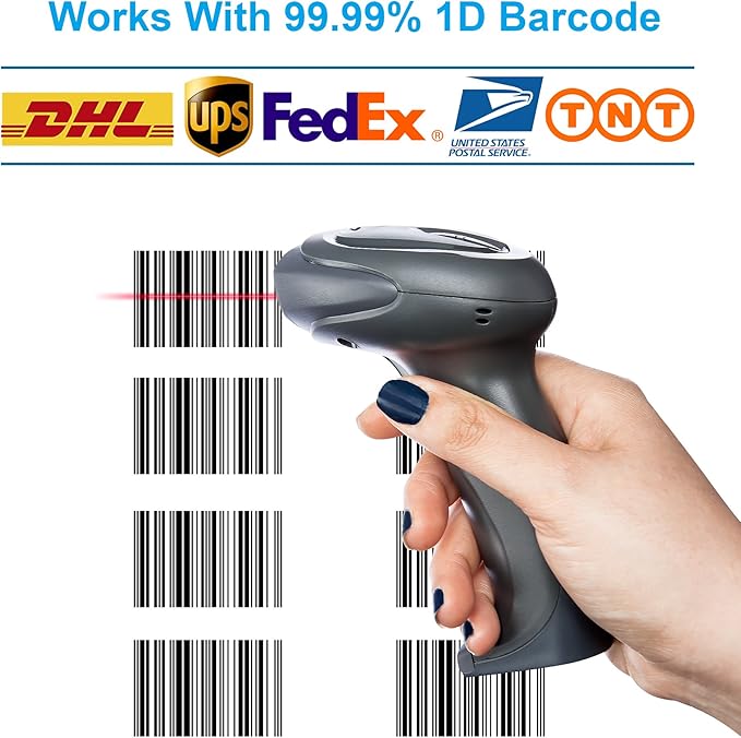 Wireless Barcode Scanner with USB Cradle Receiver Charging Base, 2.4GHz Handheld 1D Cordless Laser Barcode Reader, UP to 150Ft Transmission Range, long-life Battery 2200mAh, 1 Year Warranty.