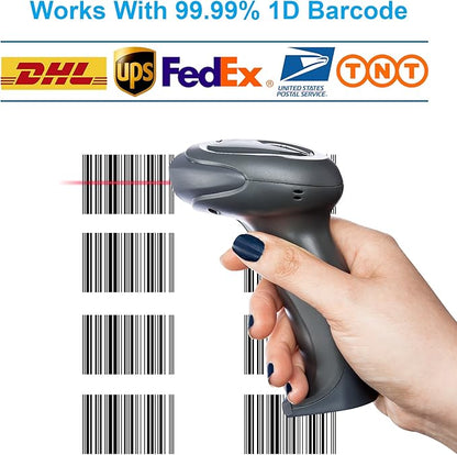Wireless Barcode Scanner with USB Cradle Receiver Charging Base, 2.4GHz Handheld 1D Cordless Laser Barcode Reader, UP to 150Ft Transmission Range, long-life Battery 2200mAh, 1 Year Warranty.