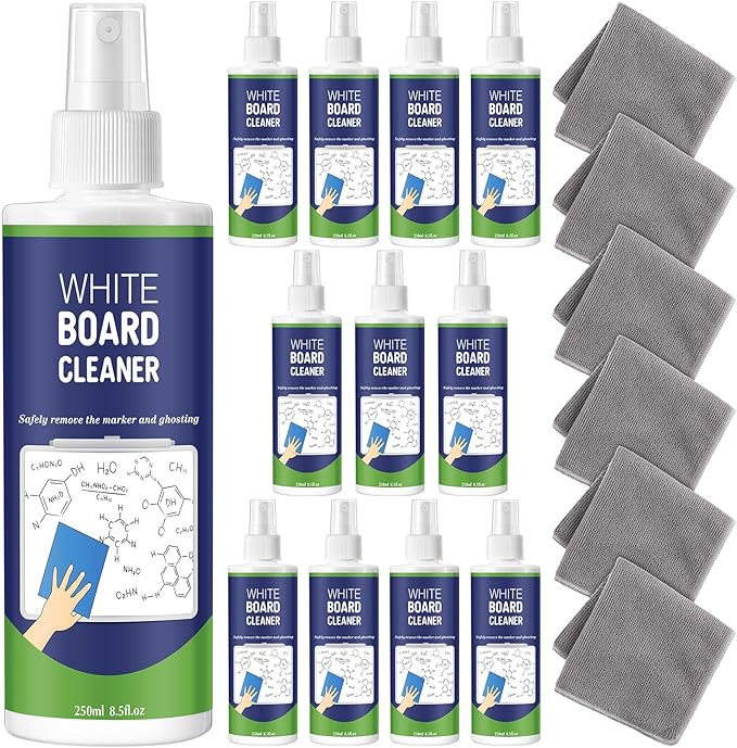 12 Pack Whiteboard Cleaner Spray 8.5oz Dry Erase Board Cleaner with 4 Cloths Non Toxic Dry Erase Cleaner Removes Stubborn Marks from Whiteboards